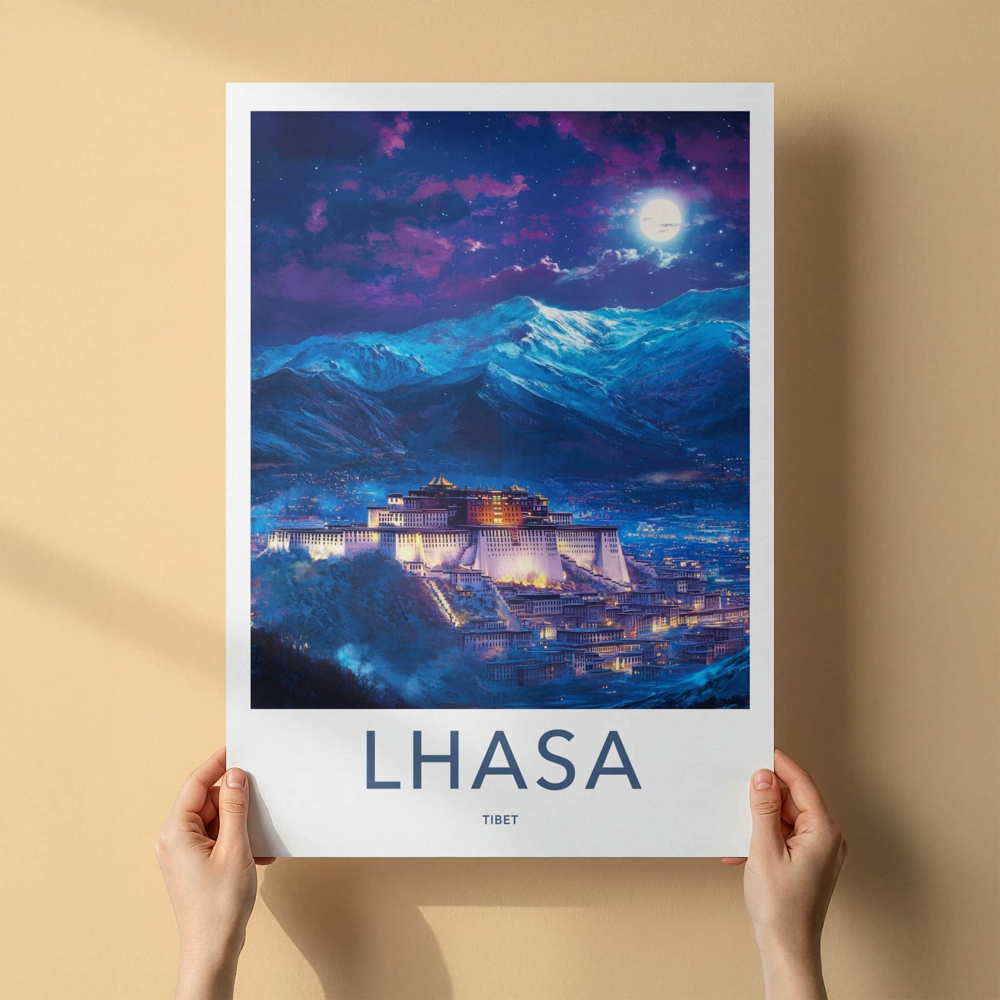 Lhasa Poster - Tibet Travel Art - Moonlit Palace Mountains Wall Decor