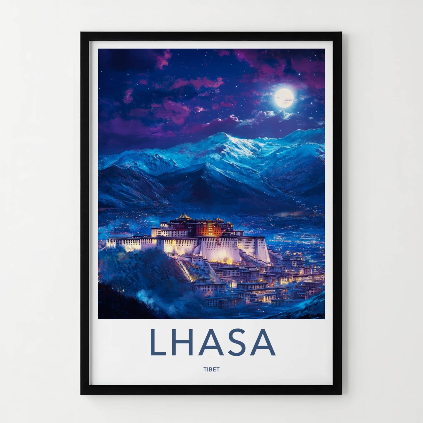 Lhasa Poster - Tibet Travel Art - Moonlit Palace Mountains Wall Decor