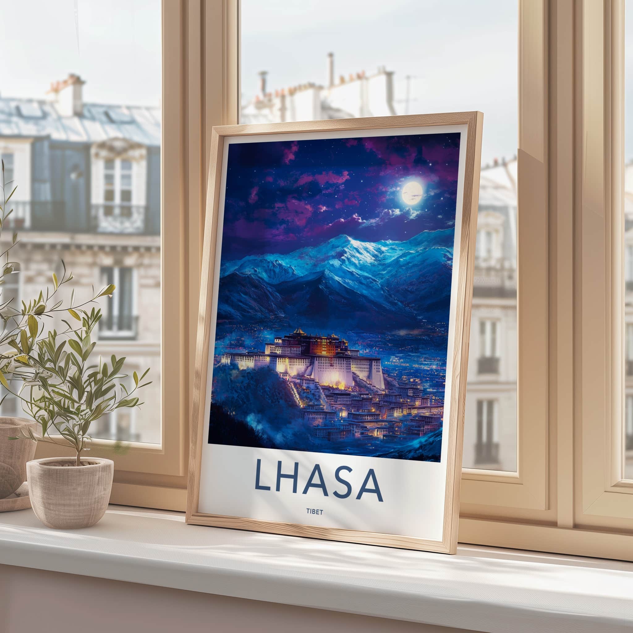 Lhasa Poster - Tibet Travel Art - Moonlit Palace Mountains Wall Decor