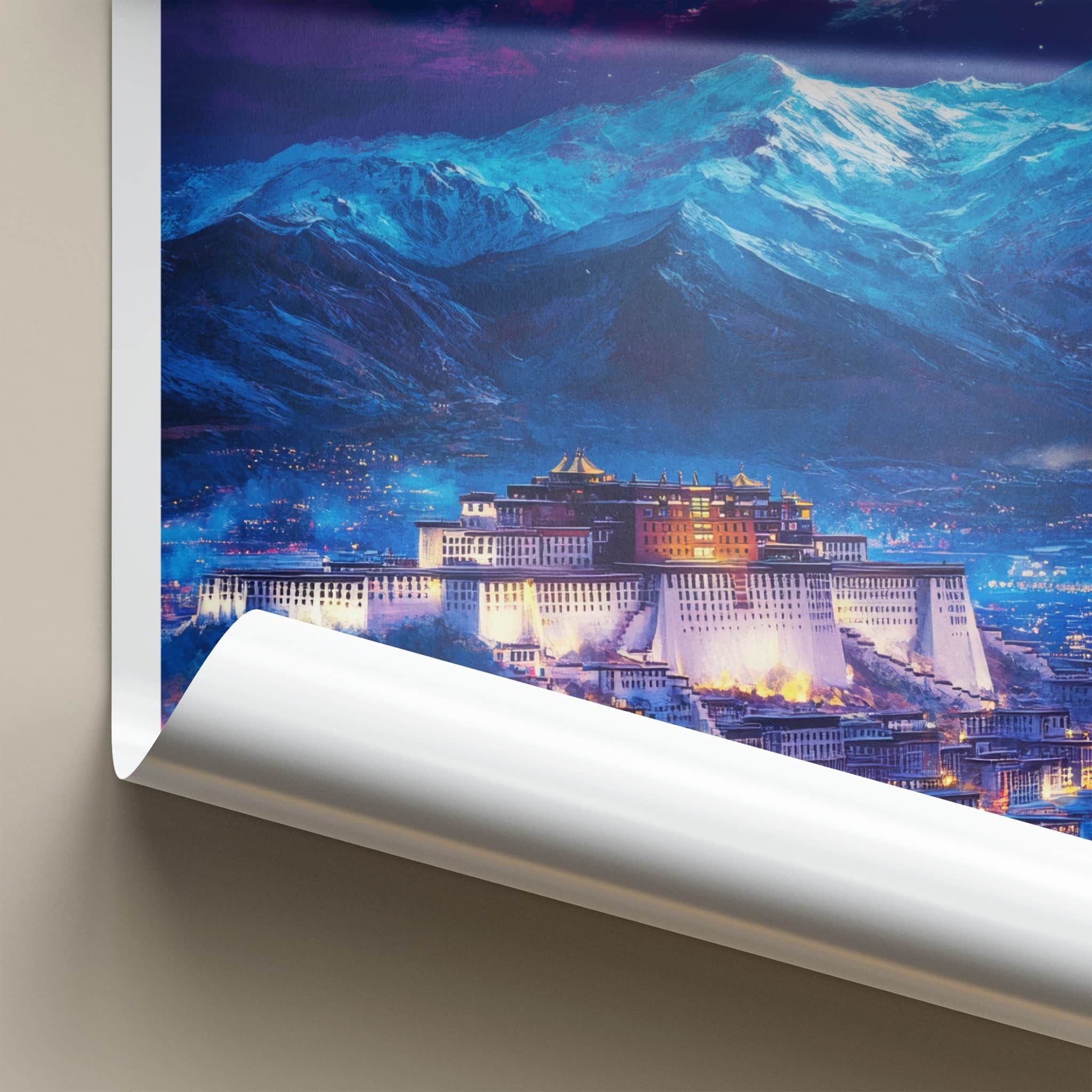 Lhasa Poster - Tibet Travel Art - Moonlit Palace Mountains Wall Decor