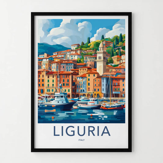 Liguria Poster - Italy Travel Art - Colorful Coastal Harbor Home Decor