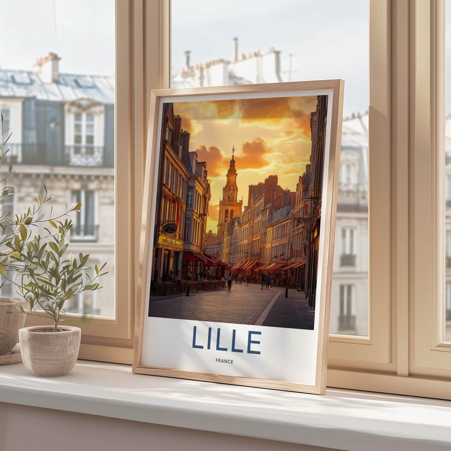 Lille Poster - France Framed Print - Sunset Cobblestone Street Lounge Decor