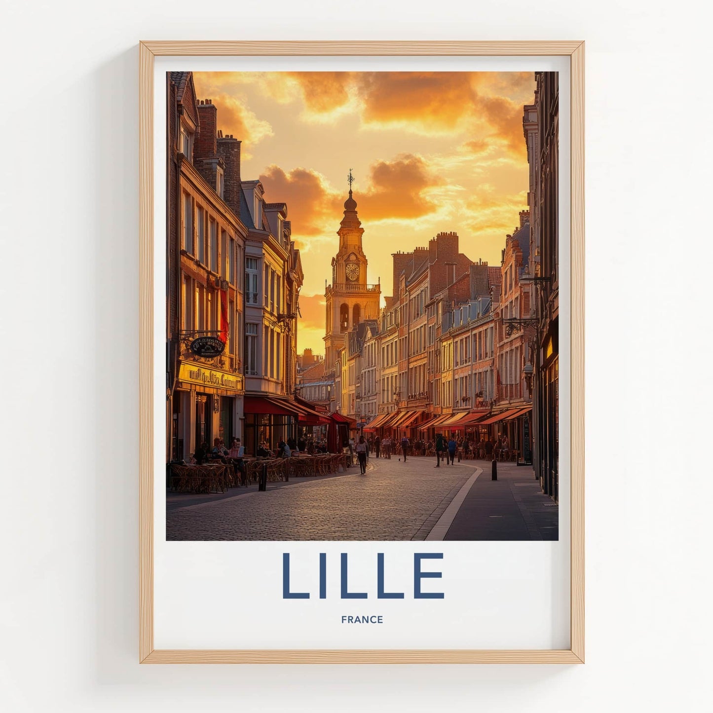 Lille Poster - France Framed Print - Sunset Cobblestone Street Lounge Decor