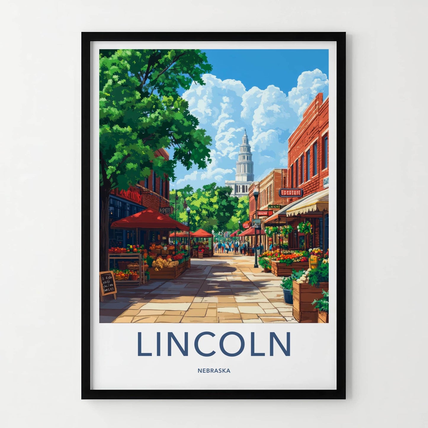 Lincoln Poster - Nebraska Travel Art - Bustling market street Home Decor