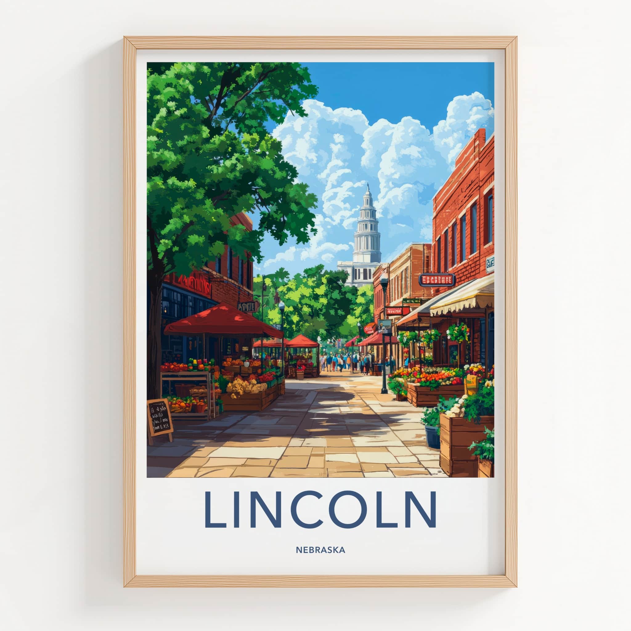 Lincoln Poster - Nebraska Travel Art - Bustling market street Home Decor