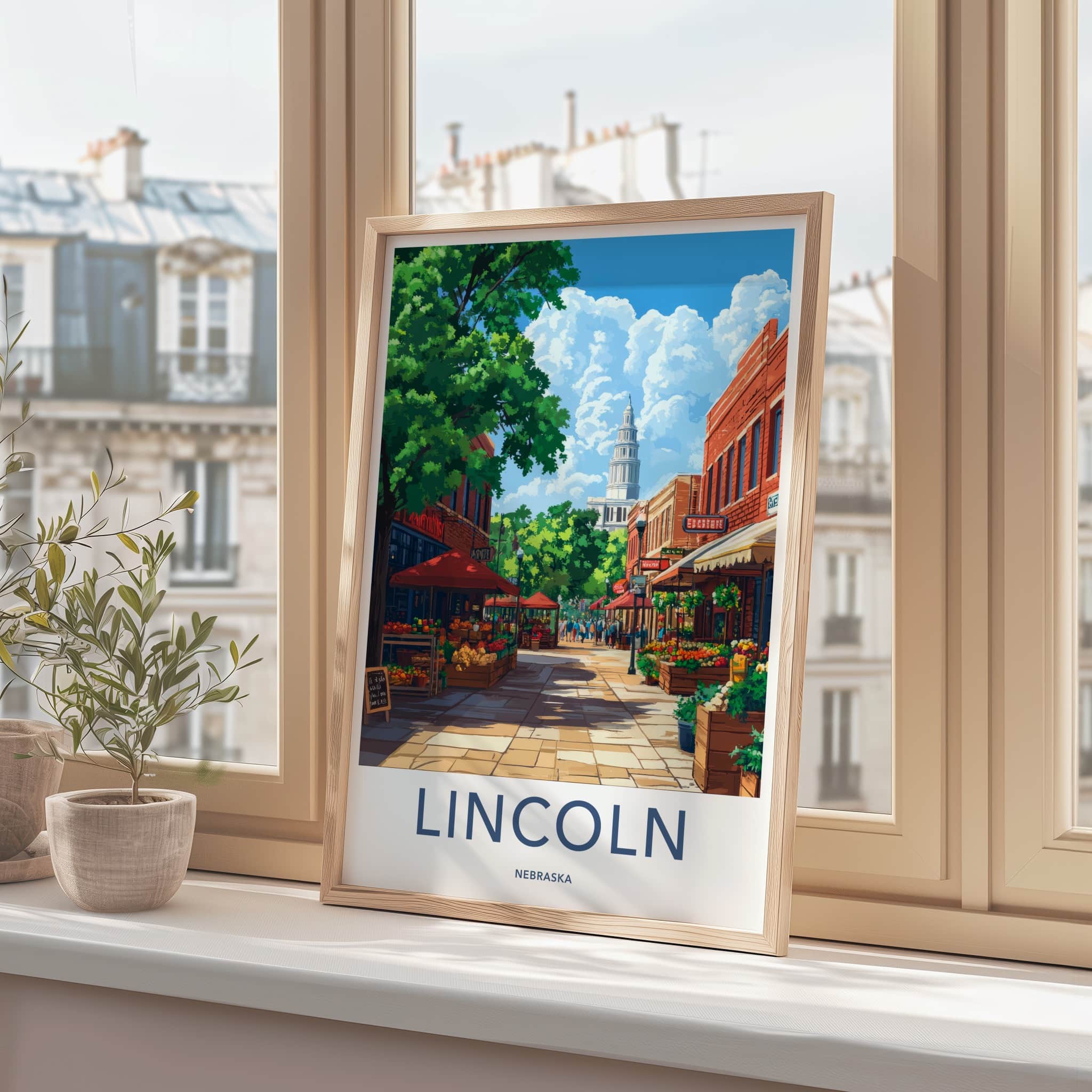 Lincoln Poster - Nebraska Travel Art - Bustling market street Home Decor