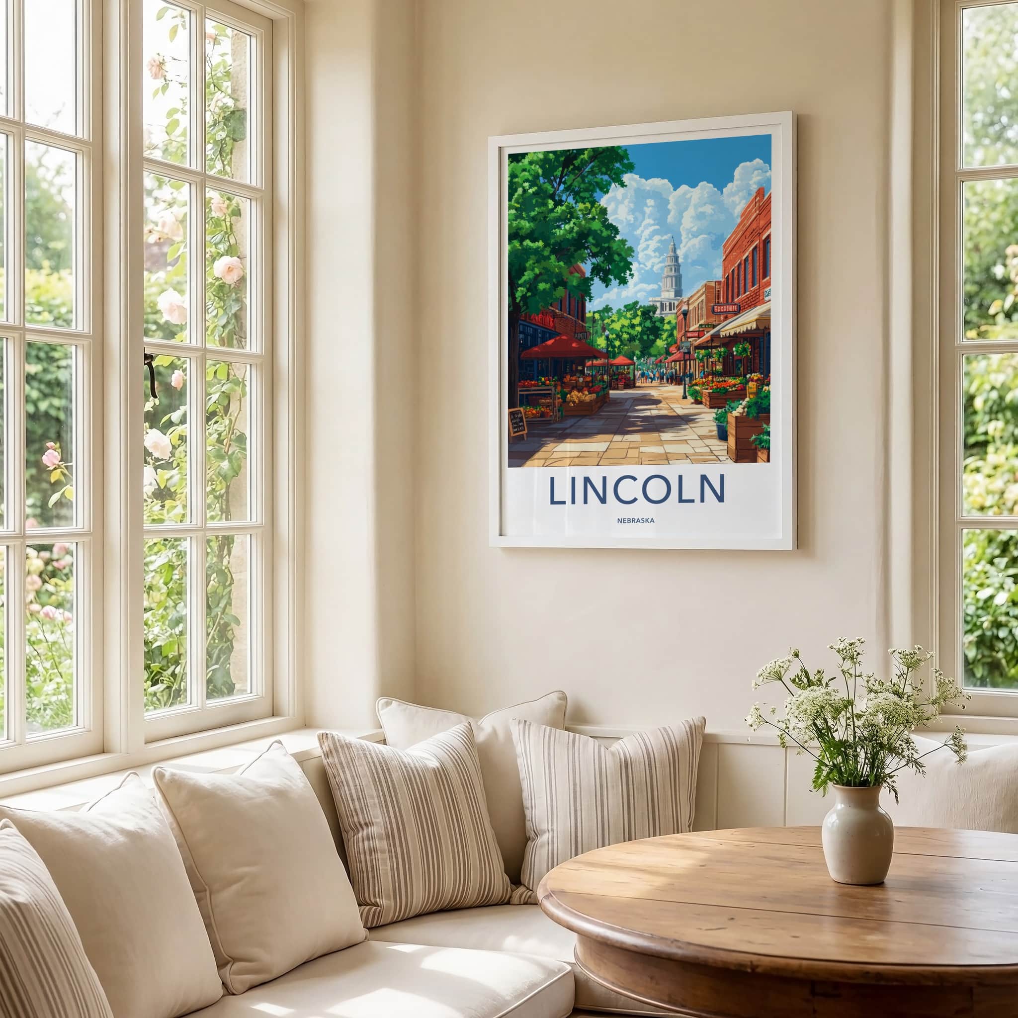 Lincoln Poster - Nebraska Travel Art - Bustling market street Home Decor