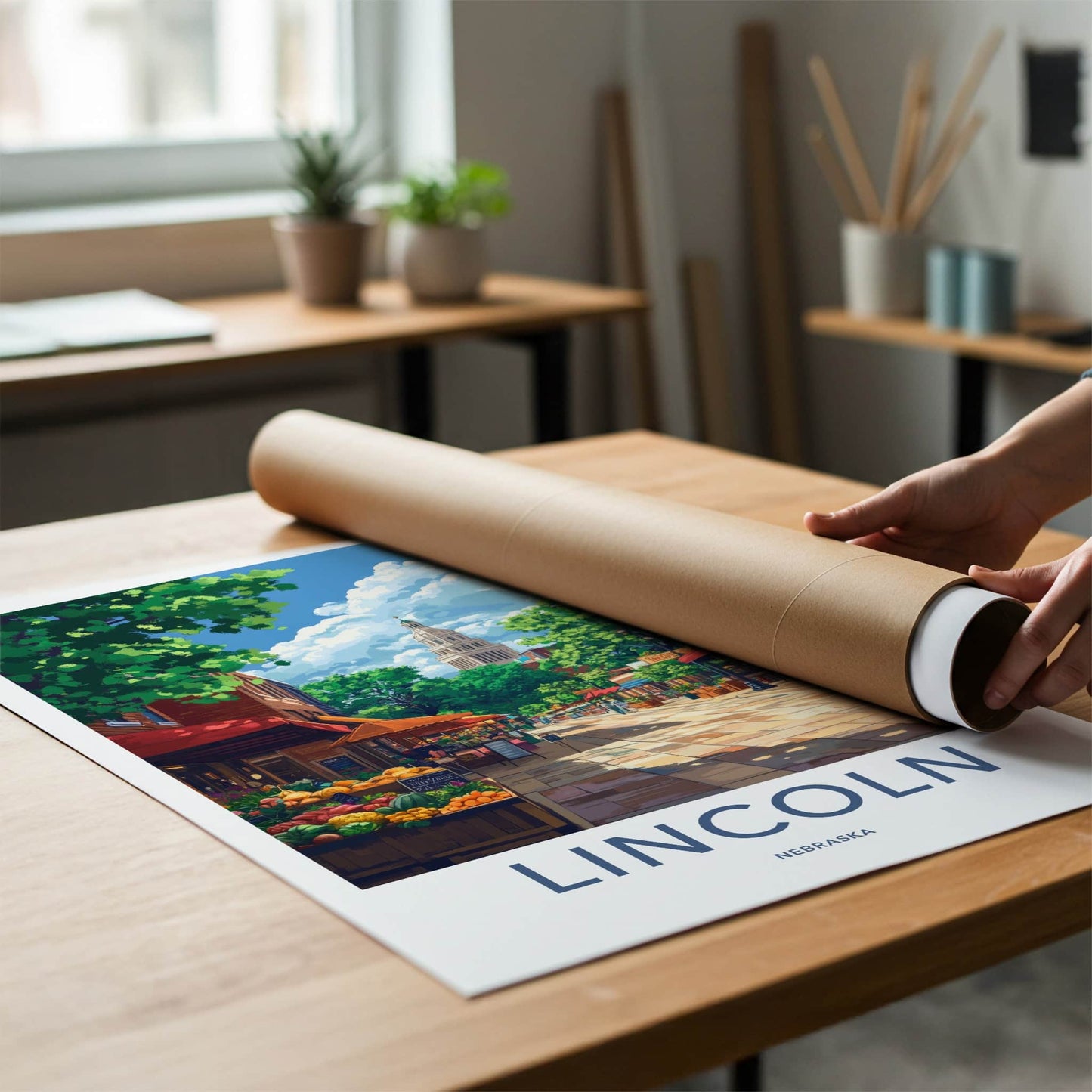 Lincoln Poster - Nebraska Wall Art - Bustling Market Street Home Decor