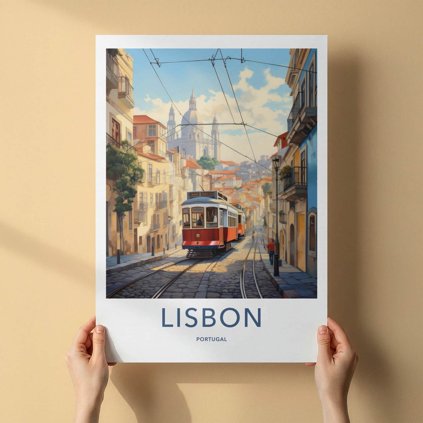 Lisbon Poster - Portugal Travel Art - Cobblestone Tramway View Home Decor