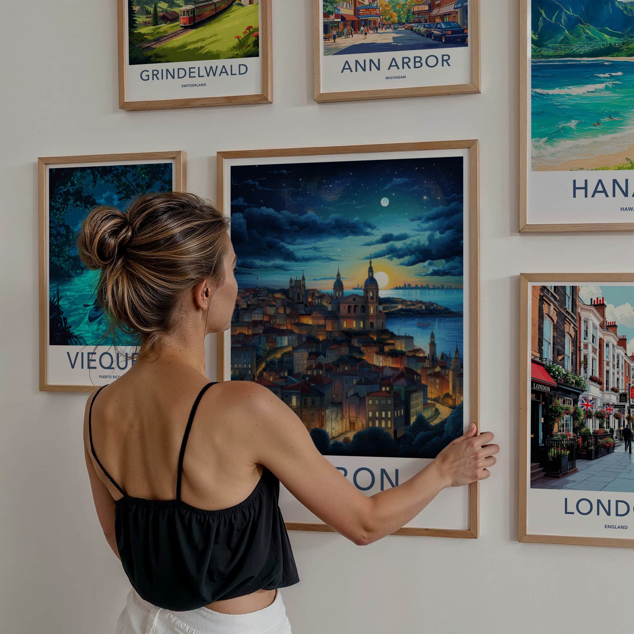 Lisbon Poster - Portugal Travel Art - Dreamy Cityscape Glow Home Decor