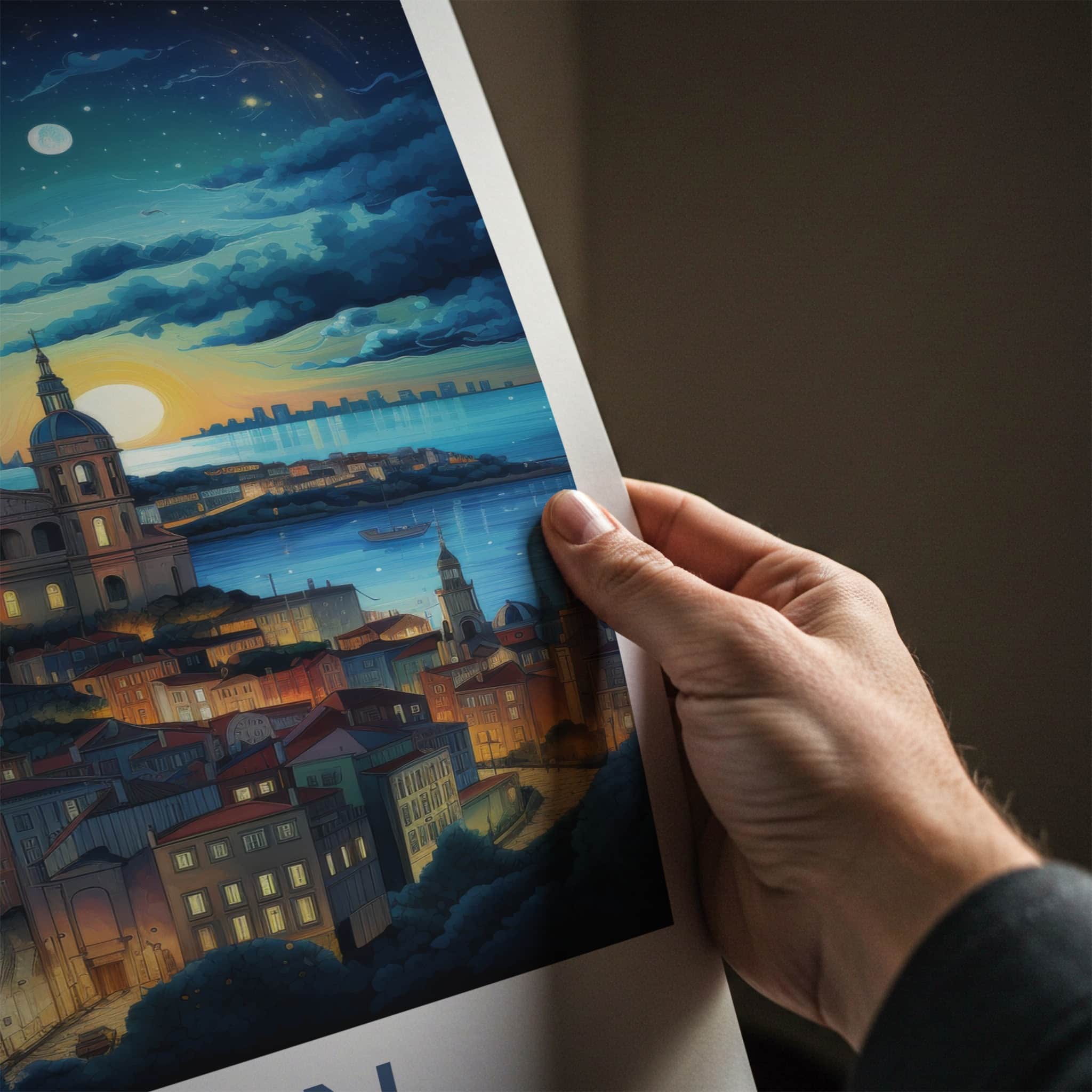 Lisbon Poster - Portugal Travel Art - Dreamy Cityscape Glow Home Decor