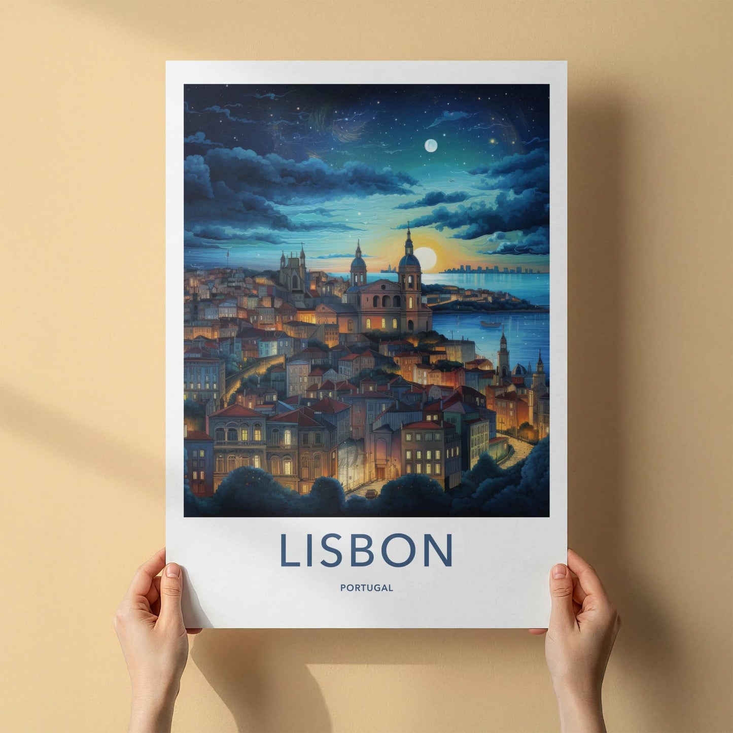 Lisbon Poster - Portugal Travel Art - Dreamy Cityscape Glow Home Decor