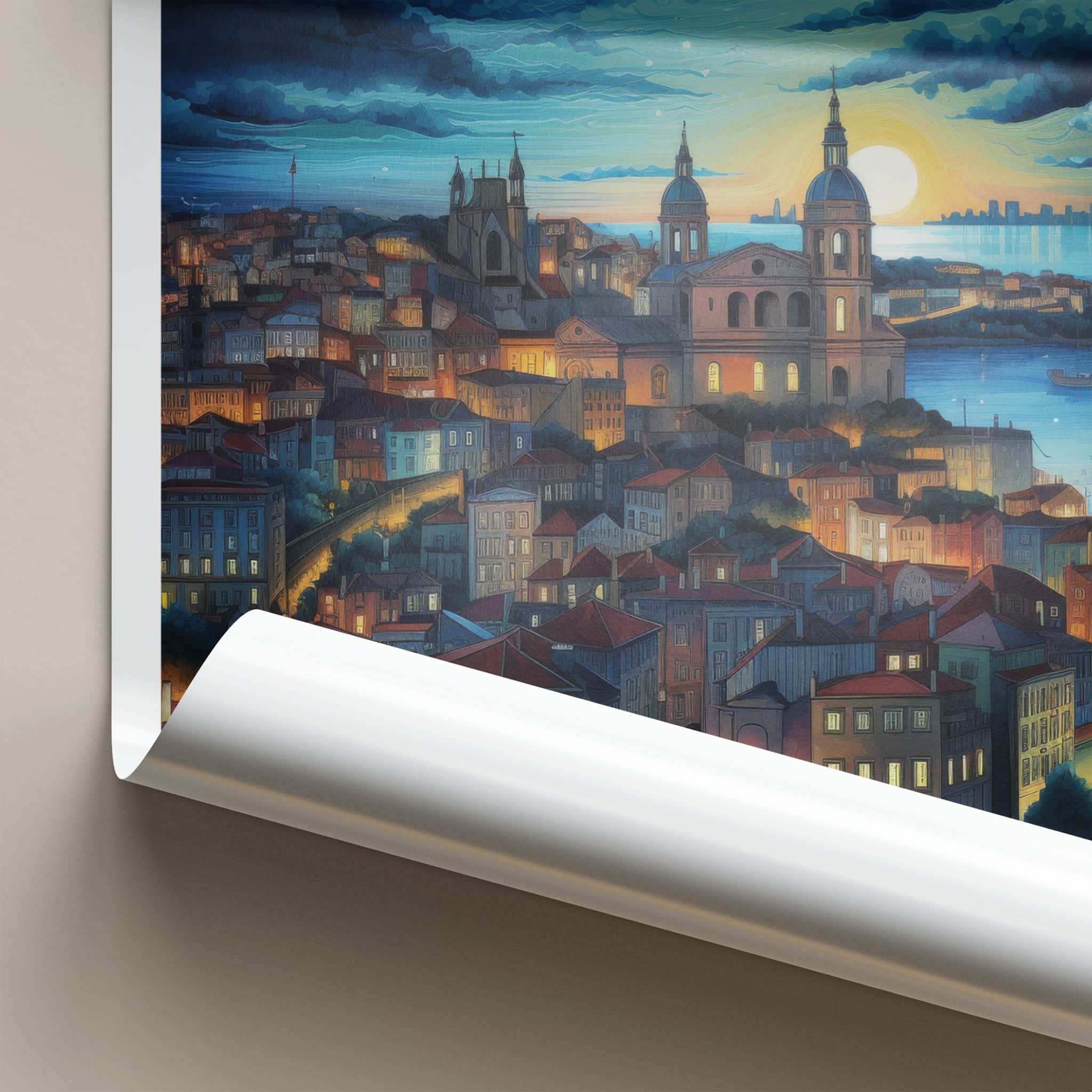 Lisbon Poster - Portugal Travel Art - Dreamy Cityscape Glow Home Decor