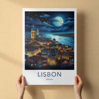 Lisbon Poster - Portugal Travel Art - Moonlit City River Home Decor