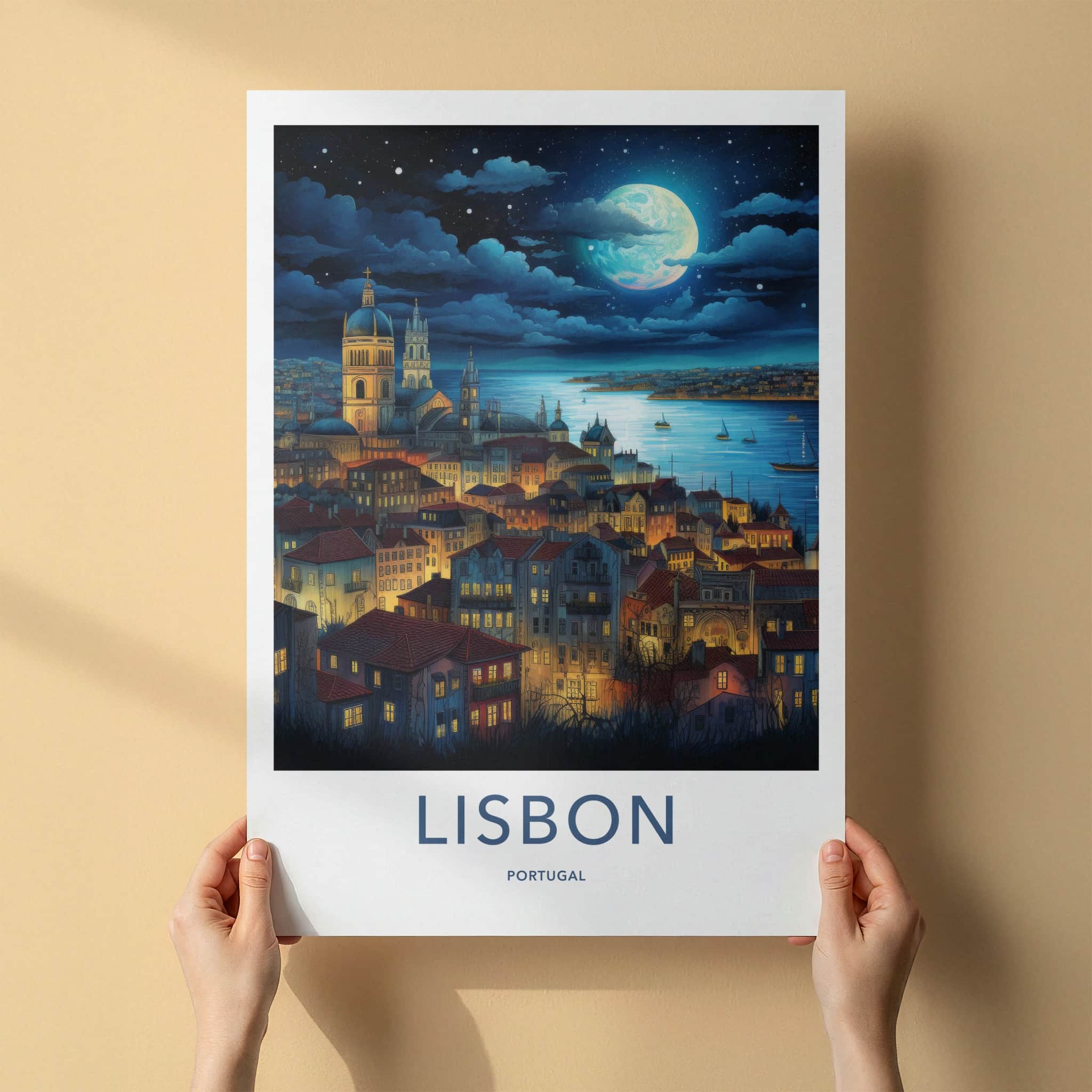 Lisbon Poster - Portugal Travel Art - Moonlit City River Home Decor