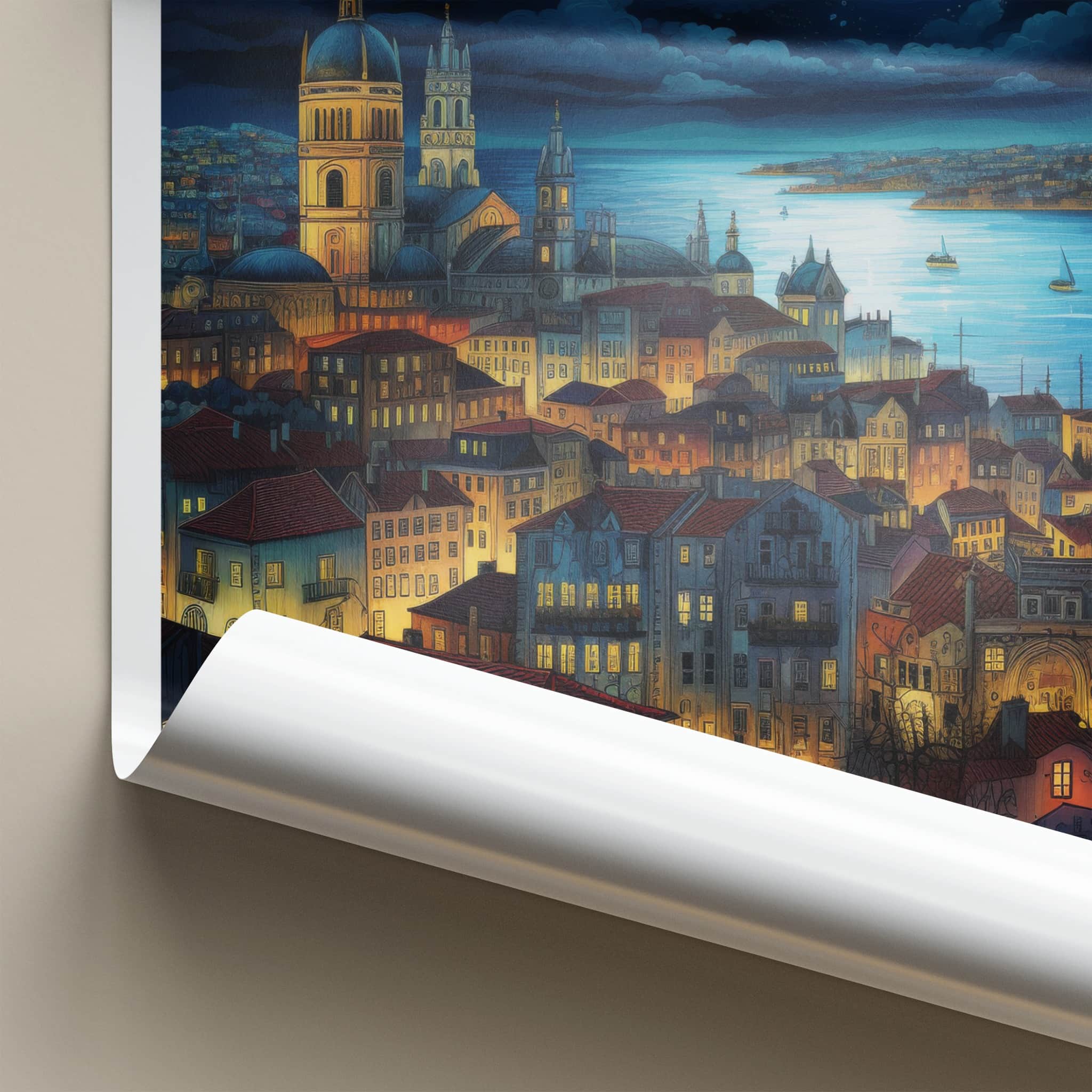 Lisbon Poster - Portugal Travel Art - Moonlit City River Home Decor