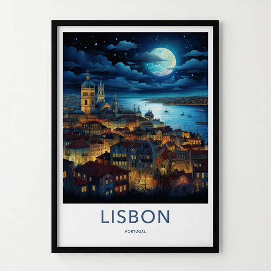 Lisbon Poster - Portugal Travel Art - Moonlit City River Home Decor