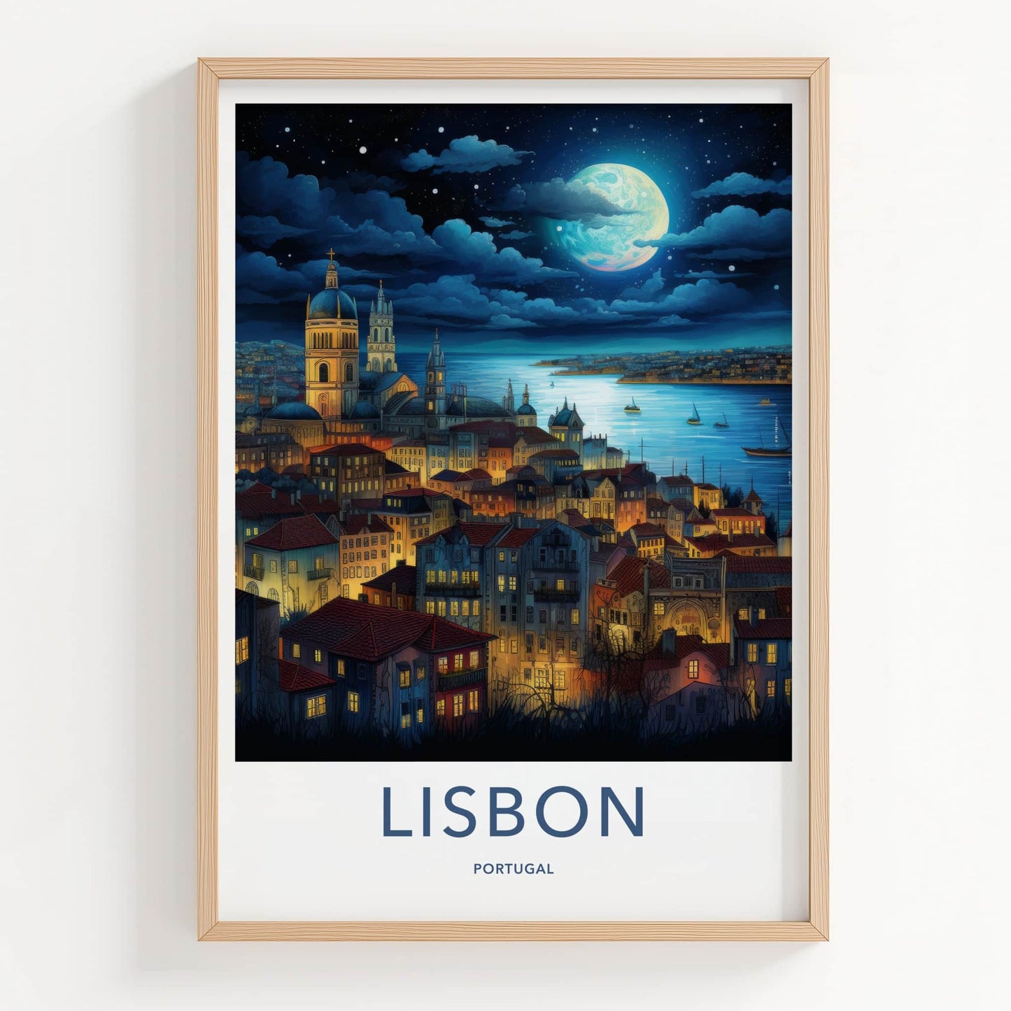 Lisbon Poster - Portugal Travel Art - Moonlit City River Home Decor