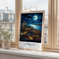 Lisbon Poster - Portugal Travel Art - Moonlit City River Home Decor