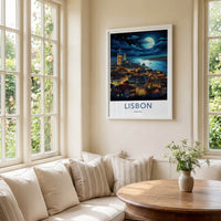 Lisbon Poster - Portugal Travel Art - Moonlit City River Home Decor
