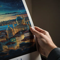 Lisbon Poster - Portugal Wall Art - Starry Cityscape River Home Decor