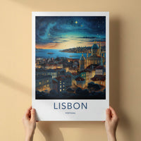 Lisbon Poster - Portugal Wall Art - Starry Cityscape River Home Decor