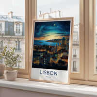 Lisbon Poster - Portugal Wall Art - Starry Cityscape River Home Decor