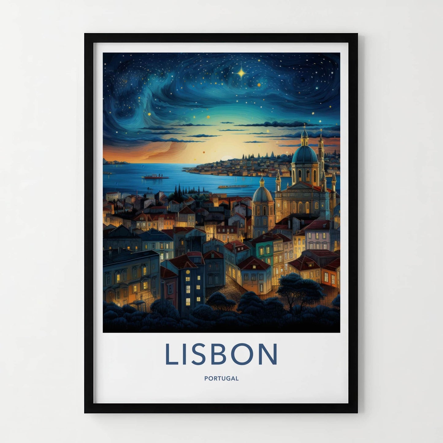 Lisbon Poster - Portugal Wall Art - Starry Cityscape River Home Decor