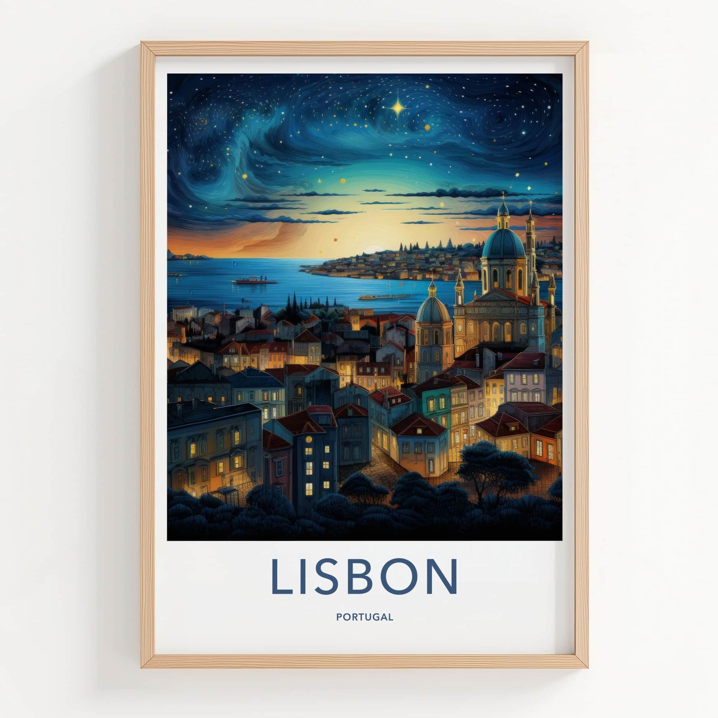Lisbon Poster - Portugal Wall Art - Starry Cityscape River Home Decor