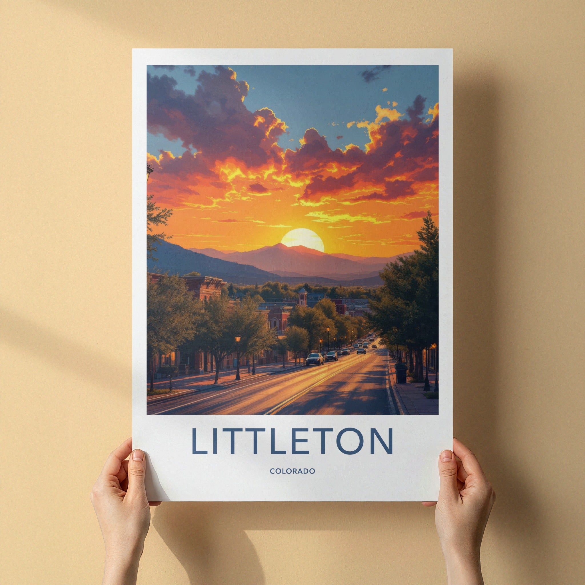 Littleton Poster - Colorado Travel Print - Fiery Sunset Town Wall Decor