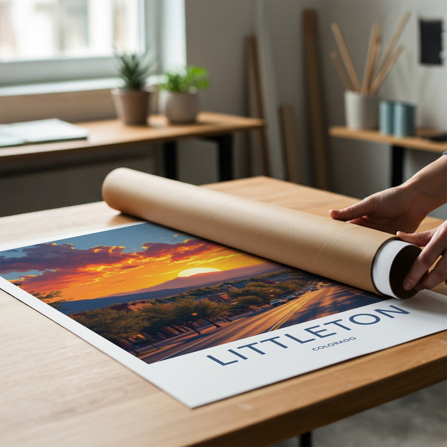 Littleton Poster - Colorado Travel Print - Fiery Sunset Town Wall Decor