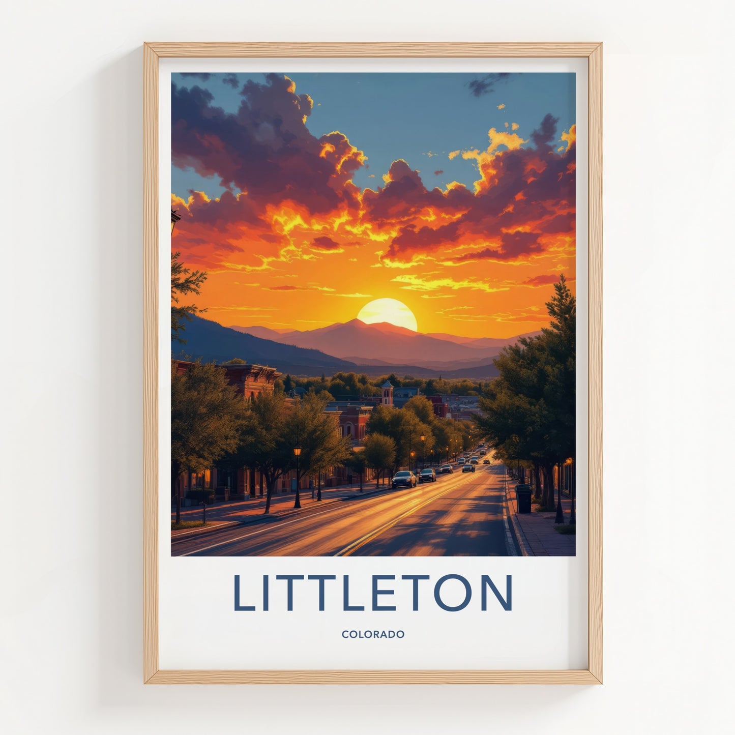 Littleton Poster - Colorado Travel Print - Fiery Sunset Town Wall Decor
