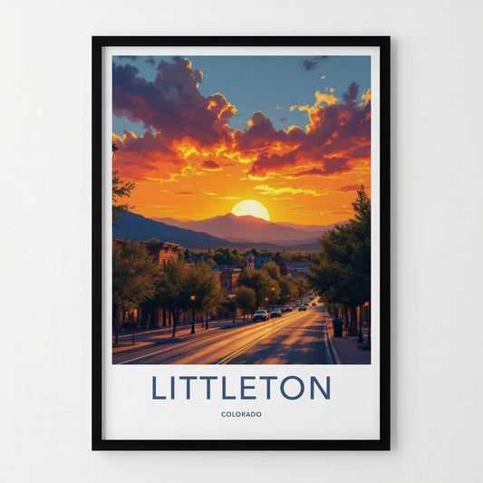 Littleton Poster - Colorado Travel Print - Fiery Sunset Town Wall Decor
