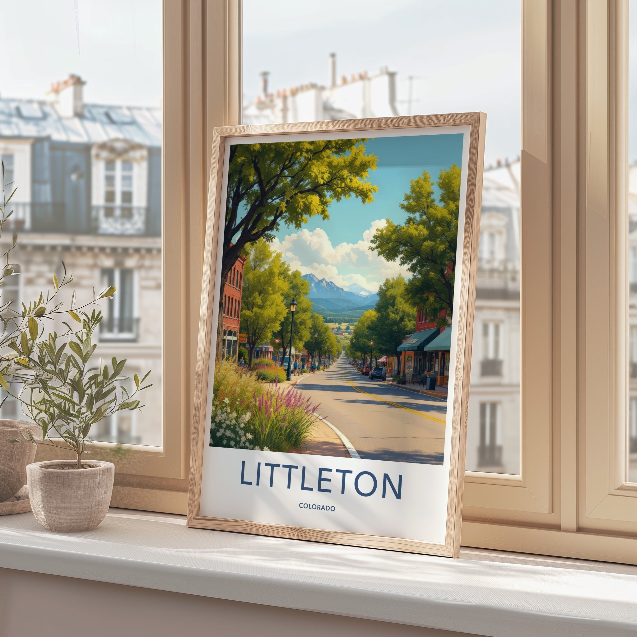 Littleton Poster - Colorado Wall Art - Leafy Street Mountains Home Decor