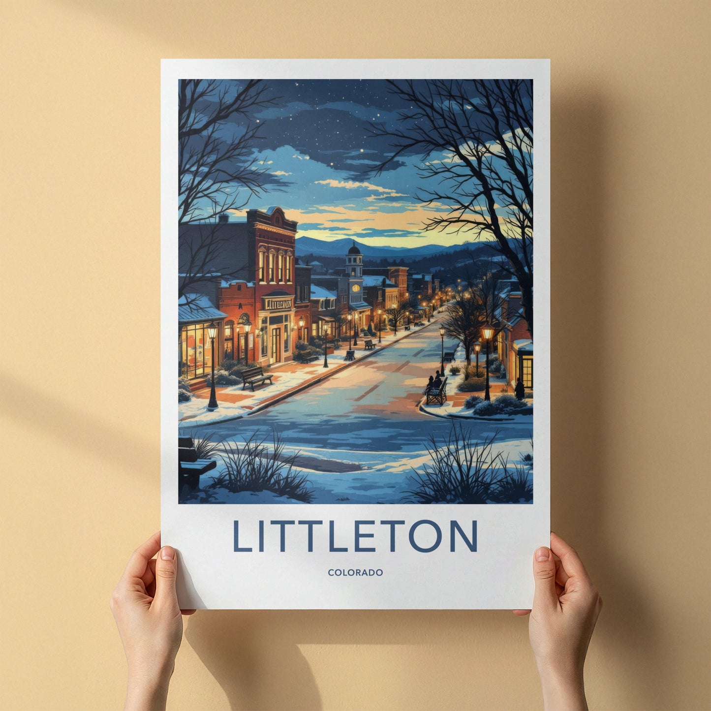 Littleton Poster - Colorado Wall Art - Snowy Town Evening Home Decor