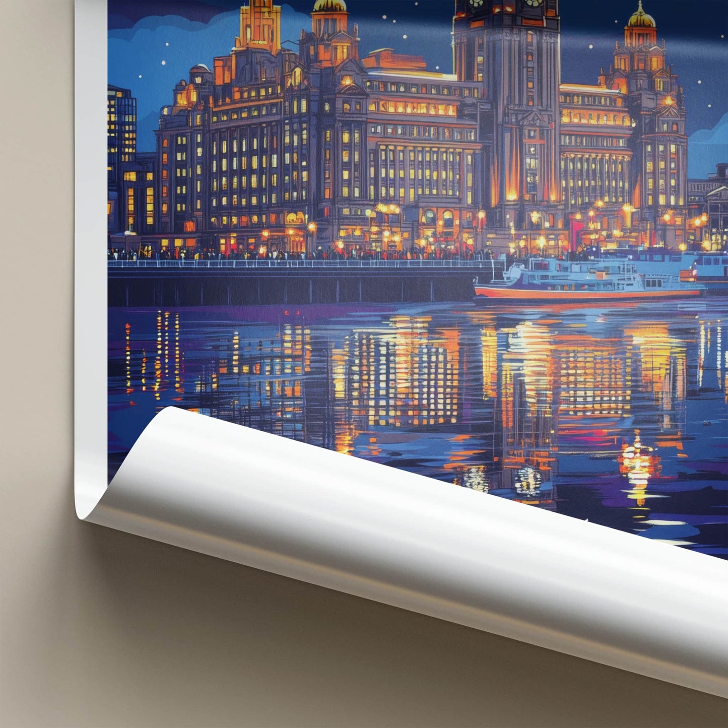 Liverpool Poster - England Travel Art - Nighttime Waterfront Skyline Home Decor