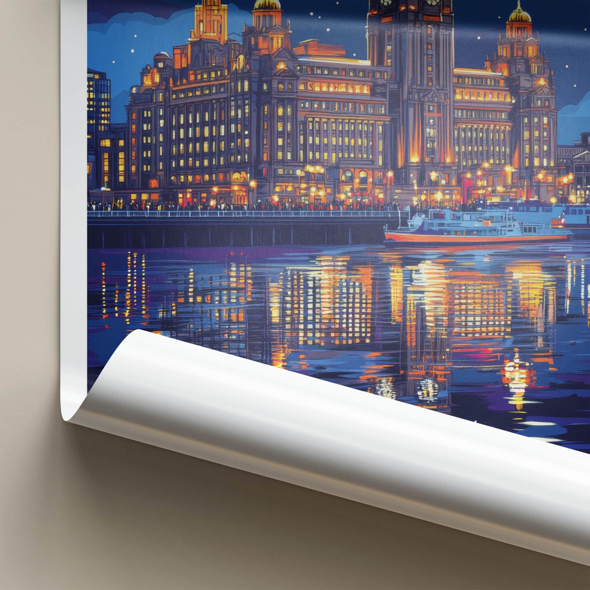 Liverpool Poster - England Travel Art - Nighttime Waterfront Skyline Home Decor