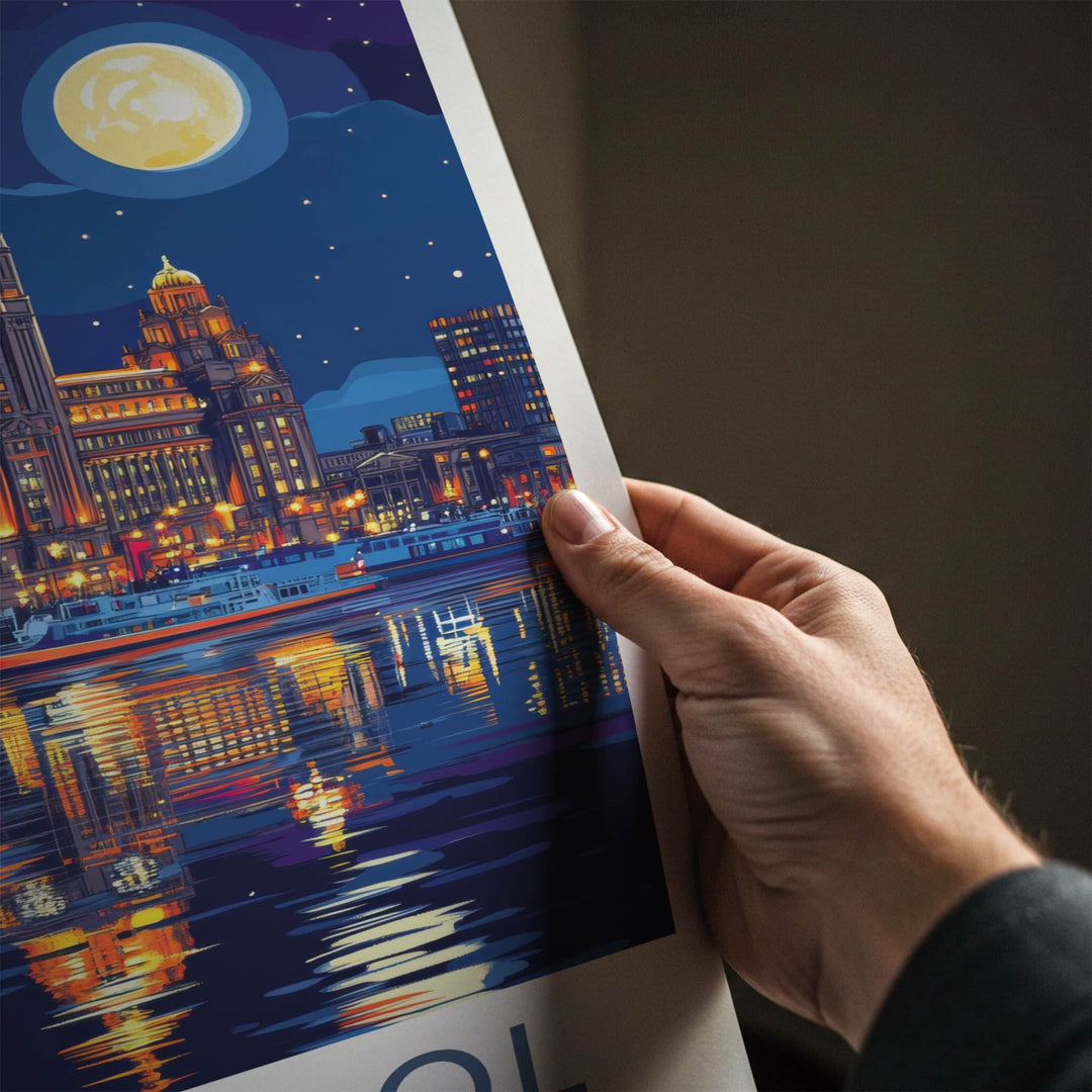 Liverpool Poster - England Travel Art - Nighttime Waterfront Skyline Home Decor