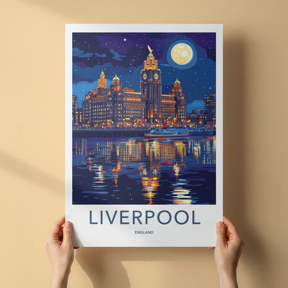 Liverpool Poster - England Travel Art - Nighttime Waterfront Skyline Home Decor