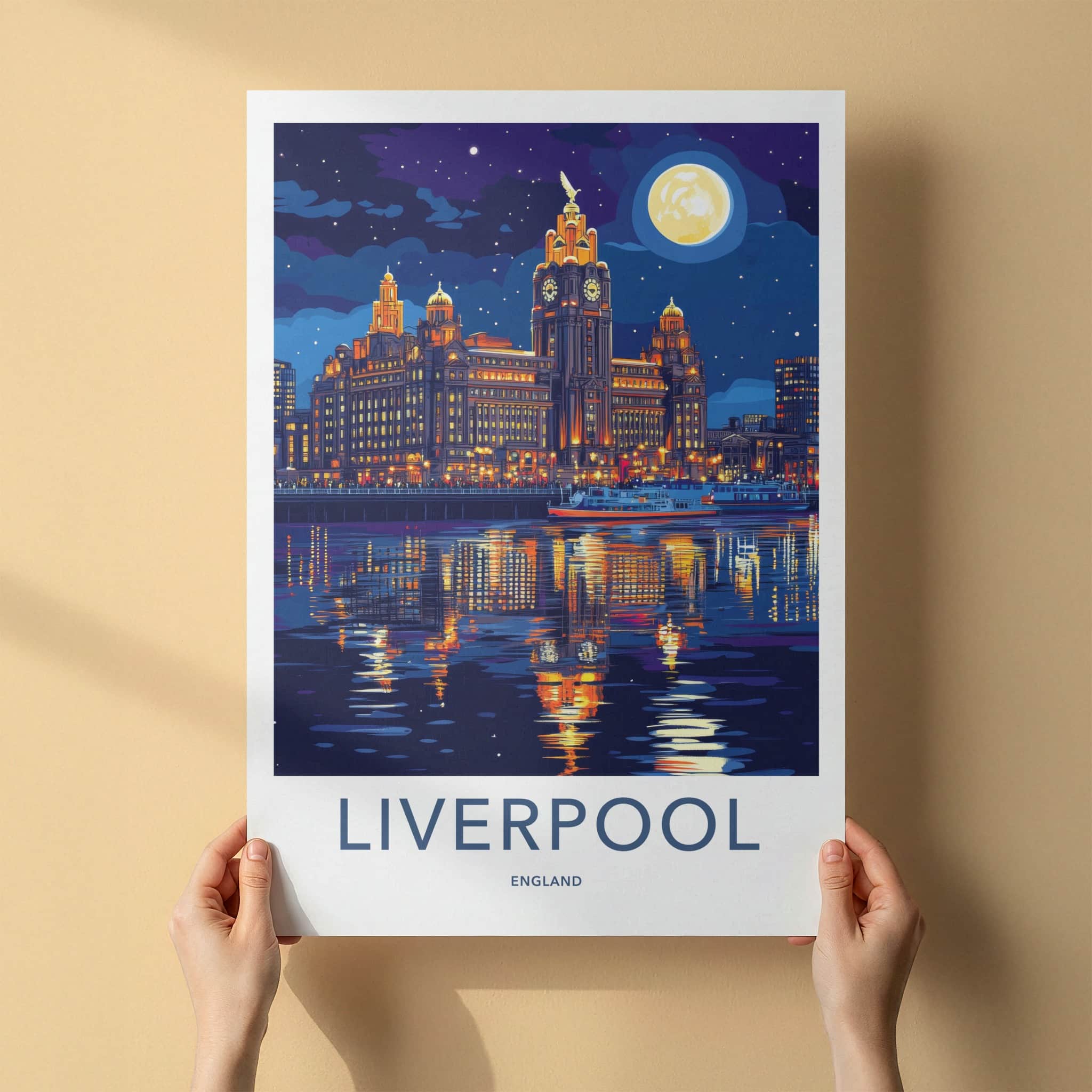 Liverpool Poster - England Travel Art - Nighttime Waterfront Skyline Home Decor