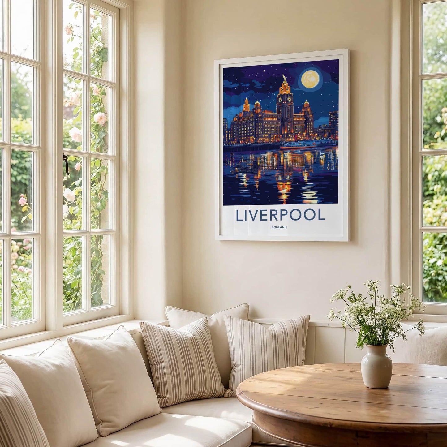 Liverpool Poster - England Travel Art - Nighttime Waterfront Skyline Home Decor