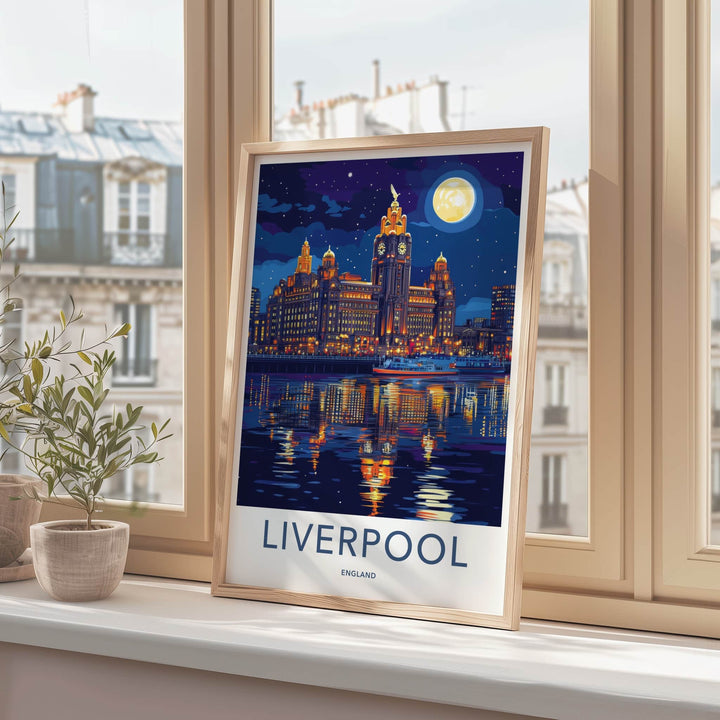 Liverpool Poster - England Travel Art - Nighttime Waterfront Skyline Home Decor