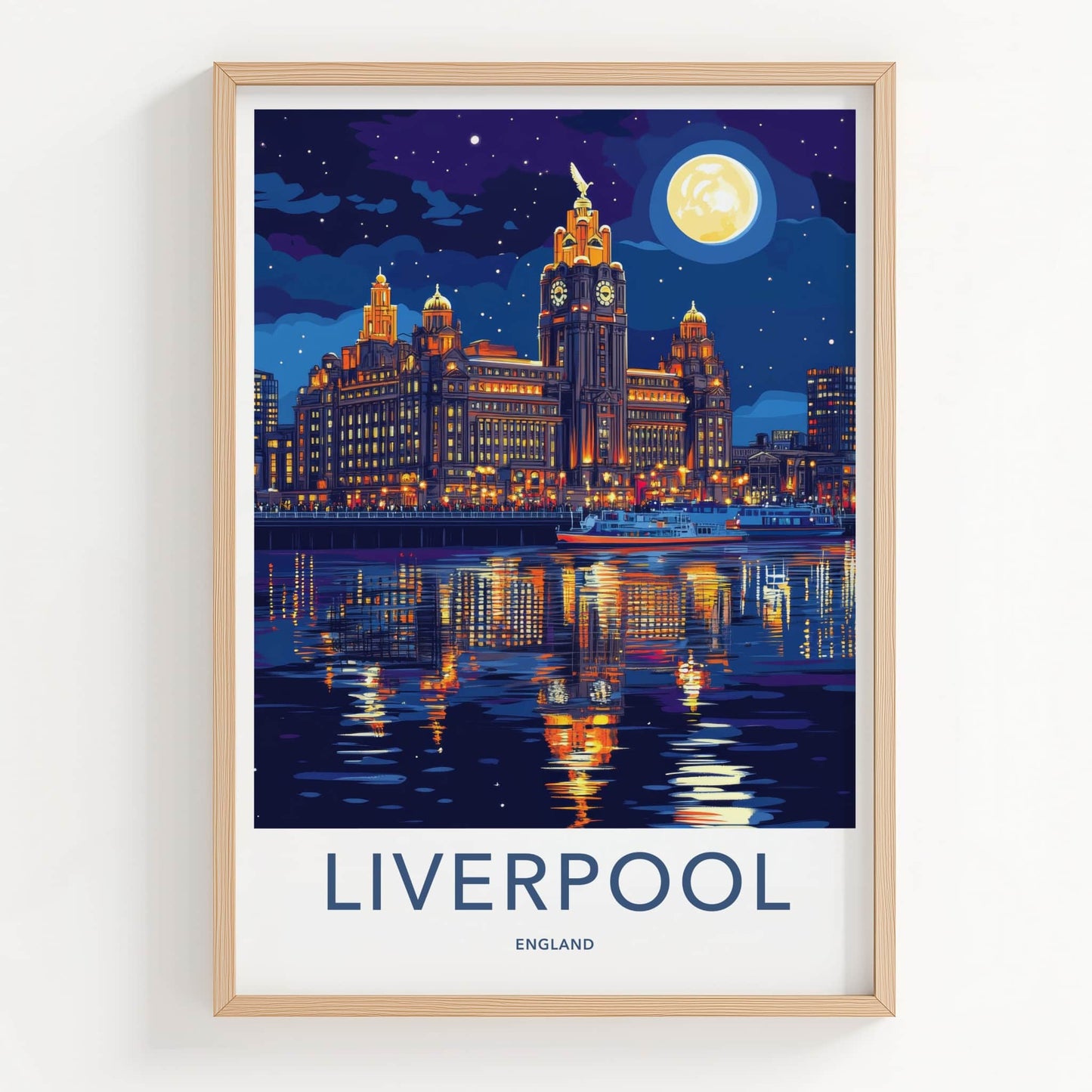 Liverpool Poster - England Travel Art - Nighttime Waterfront Skyline Home Decor