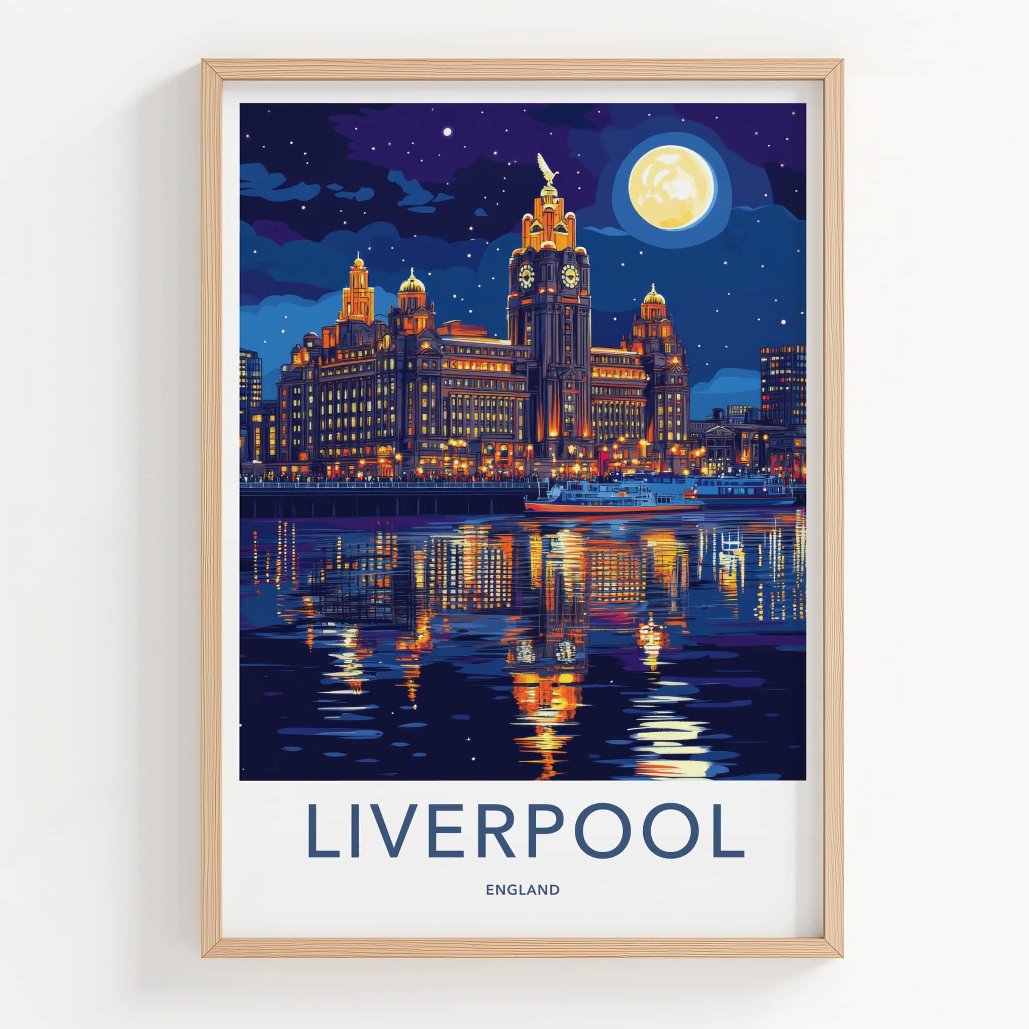 Liverpool Poster - England Travel Art - Nighttime Waterfront Skyline Home Decor