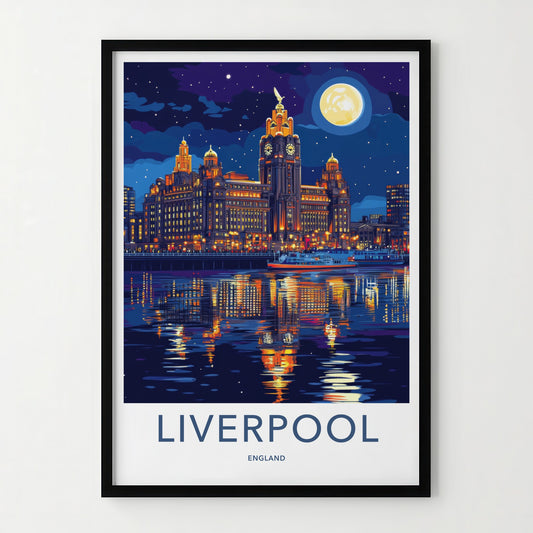 Liverpool Poster - England Travel Art - Nighttime Waterfront Skyline Home Decor
