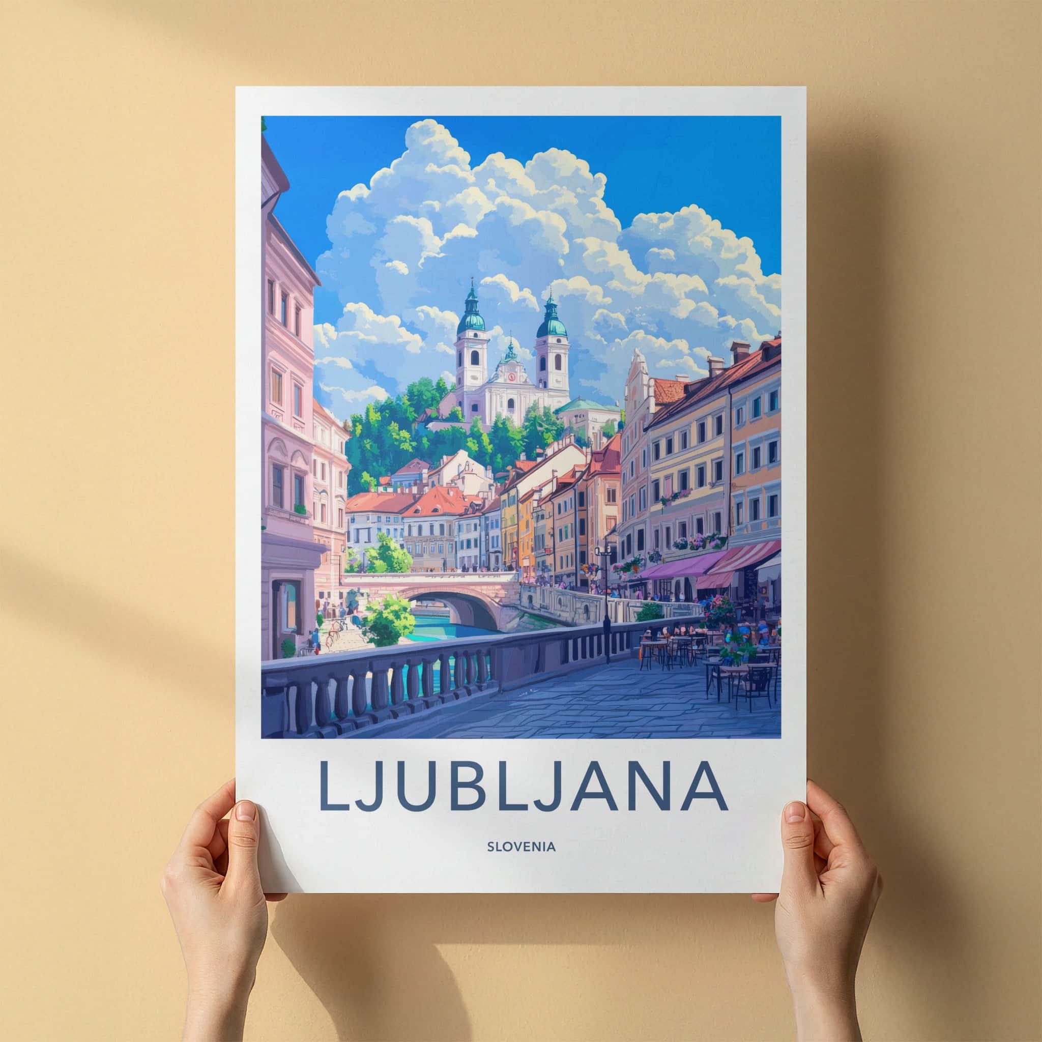 Ljubljana Poster - Slovenia Travel Art - City River Buildings Wall Decor