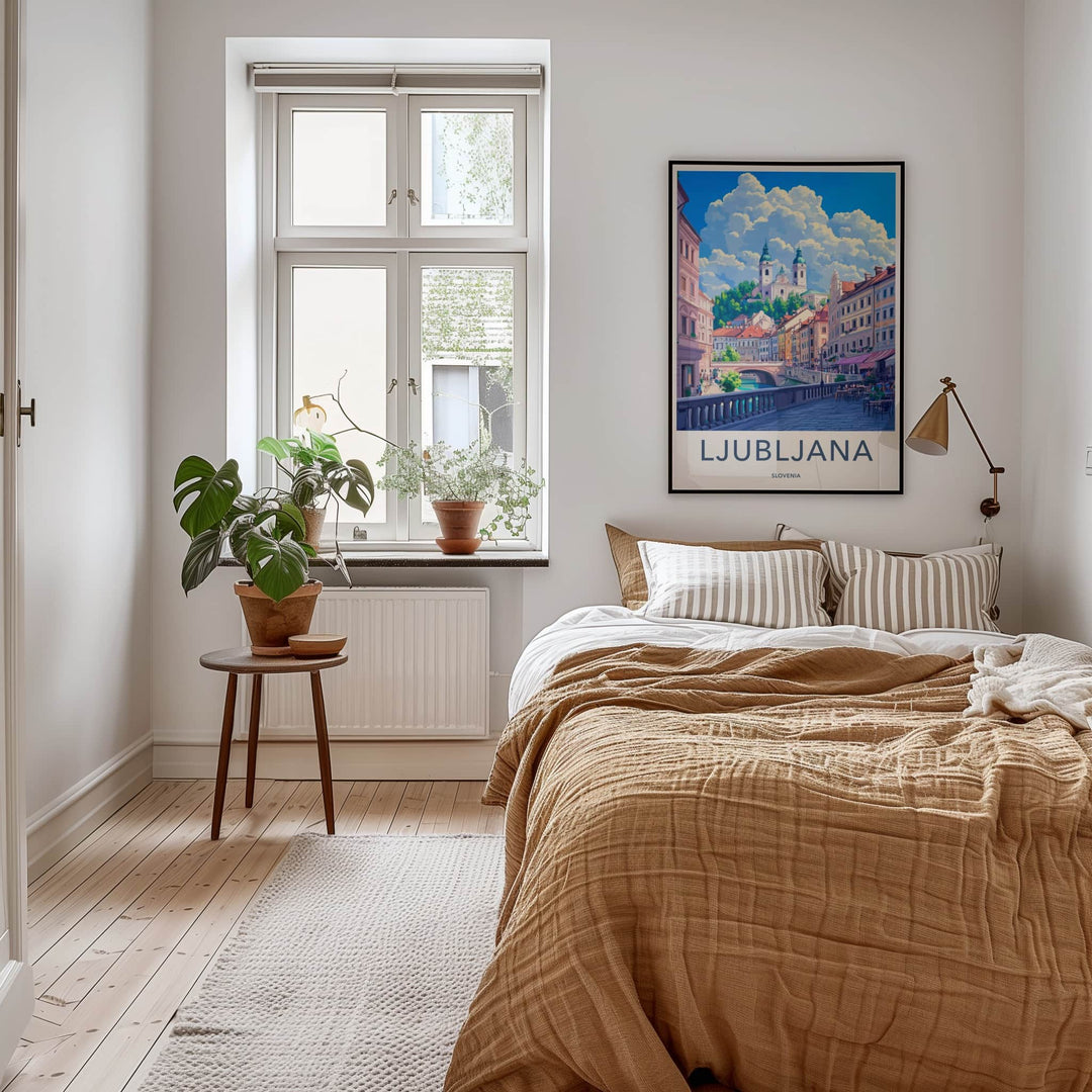 Ljubljana Poster - Slovenia Travel Art - City River Buildings Wall Decor
