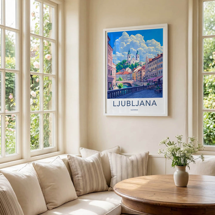 Ljubljana Poster - Slovenia Travel Art - City River Buildings Wall Decor