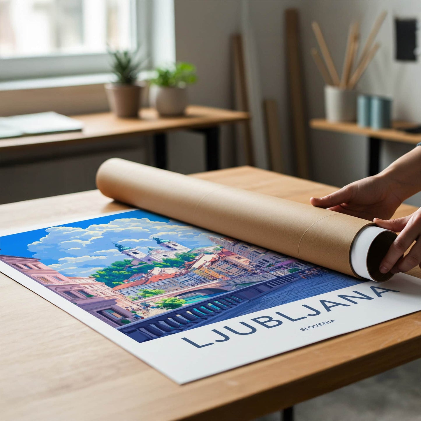 Ljubljana Poster - Slovenia Travel Art - City River Buildings Wall Decor