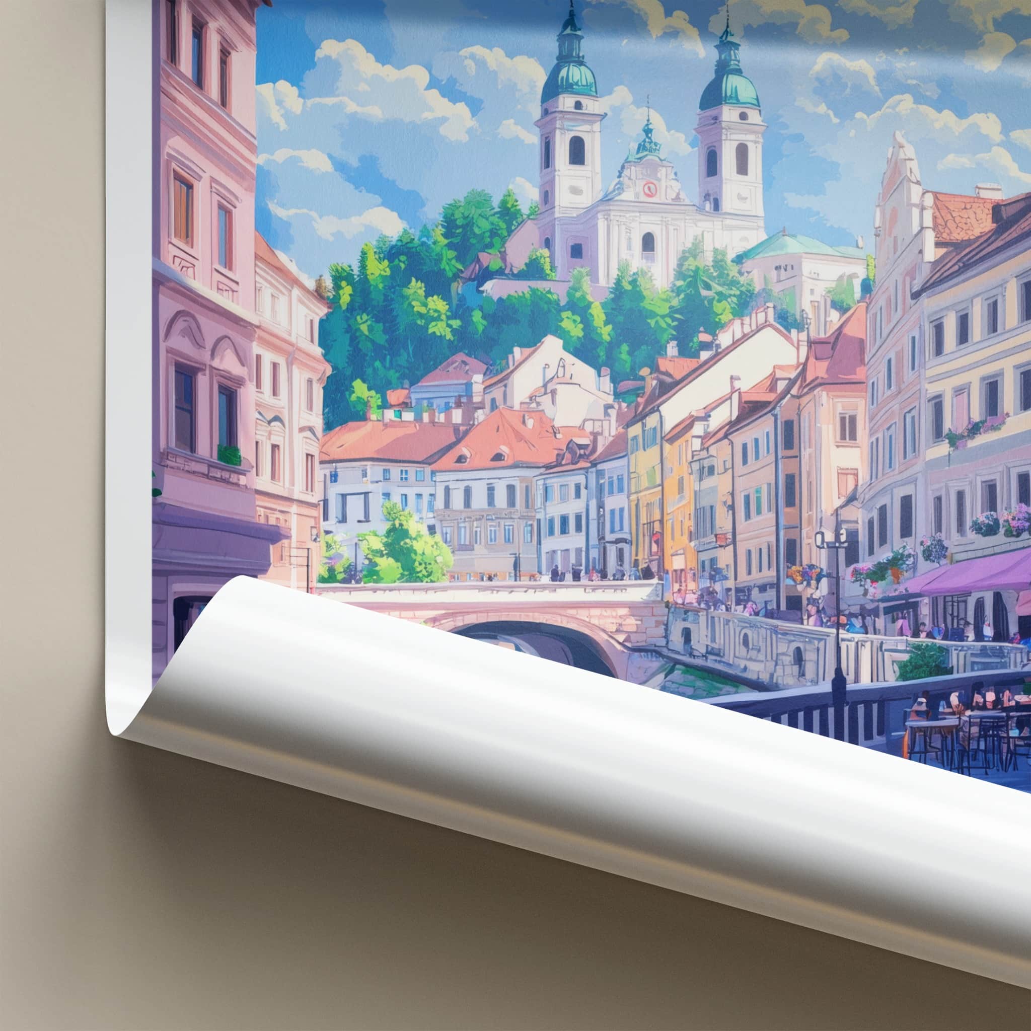 Ljubljana Poster - Slovenia Travel Art - City River Buildings Wall Decor